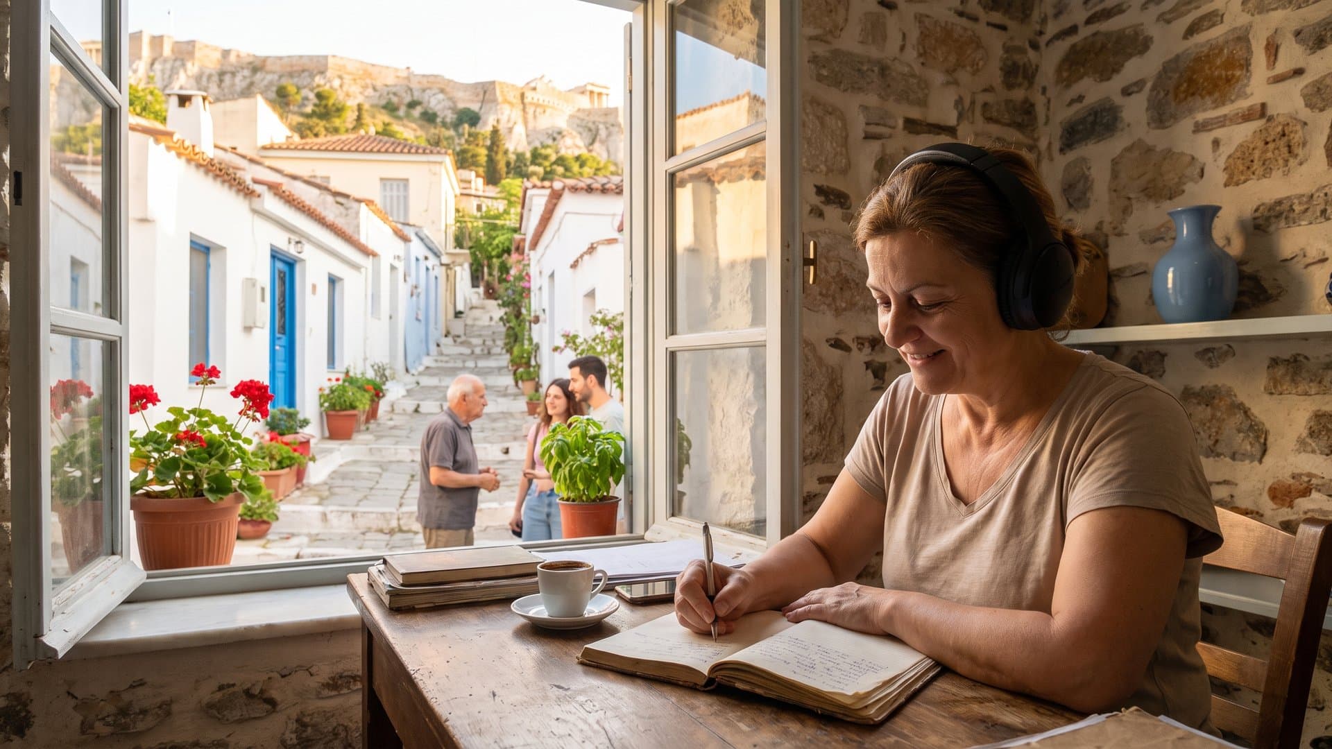 Ιδιοκτήτης μαγαζιού ακούει μια κλήση με ακουστικά και κρατά σημειώσεις