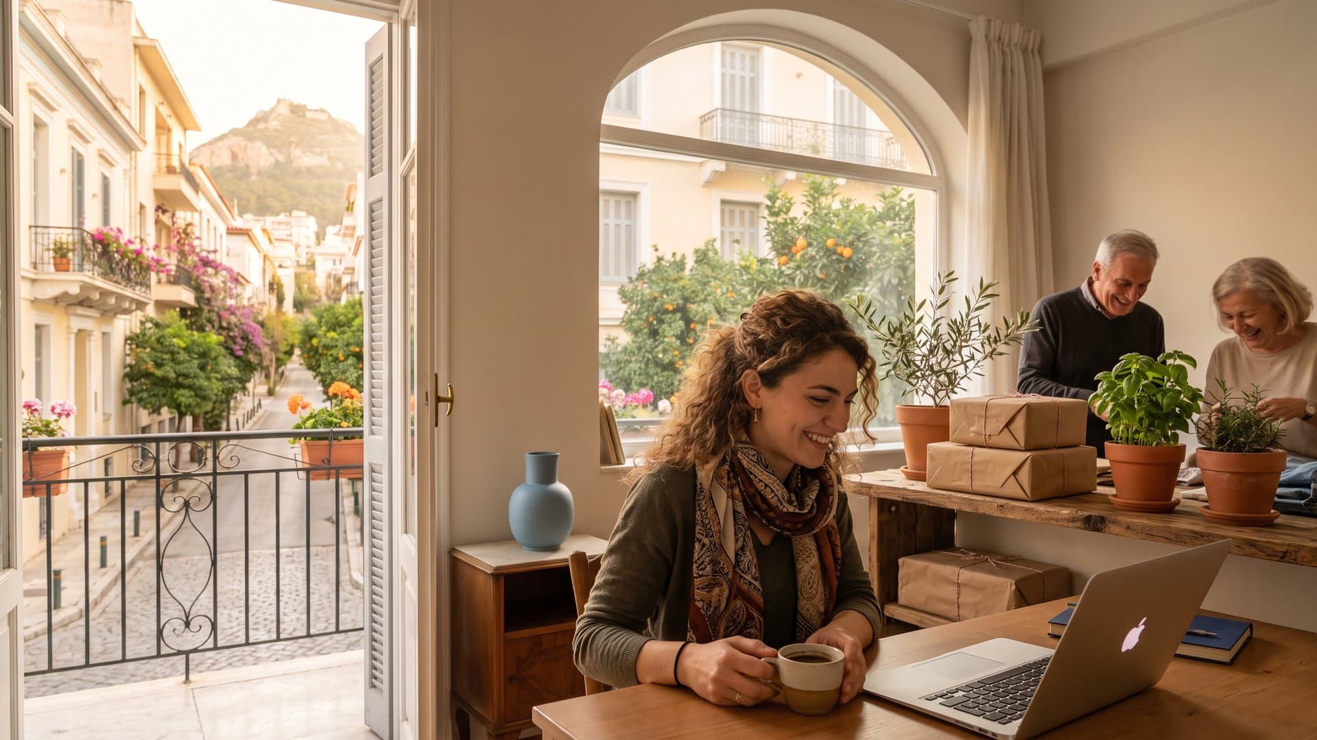 Ιδιοκτήτρια e-shop χαμογελά μπροστά στο laptop, δέματα έτοιμα στο ράφι