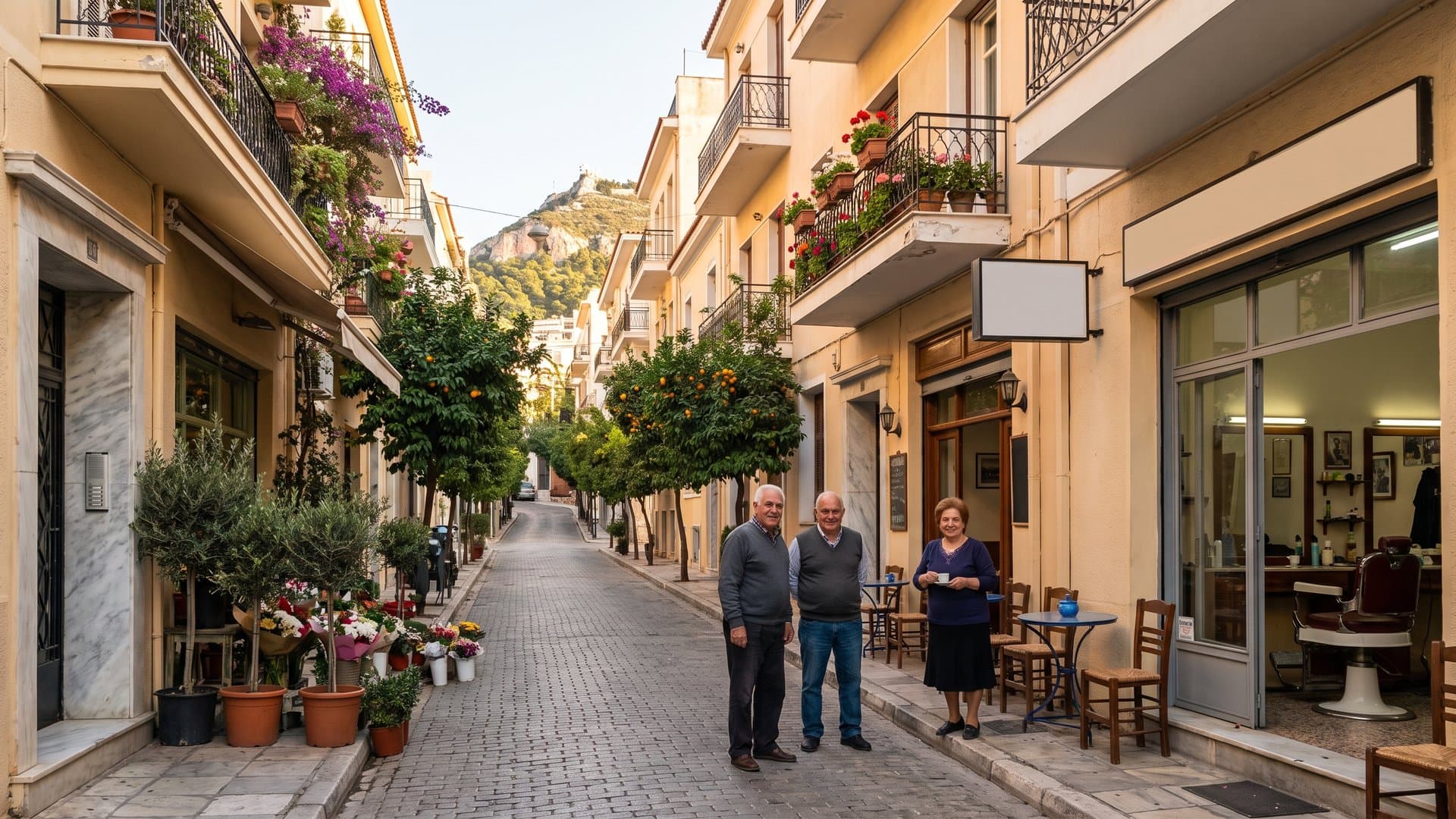 Μικρά μαγαζιά σε ελληνικό σοκάκι και οι ιδιοκτήτες τους μπροστά στις πόρτες