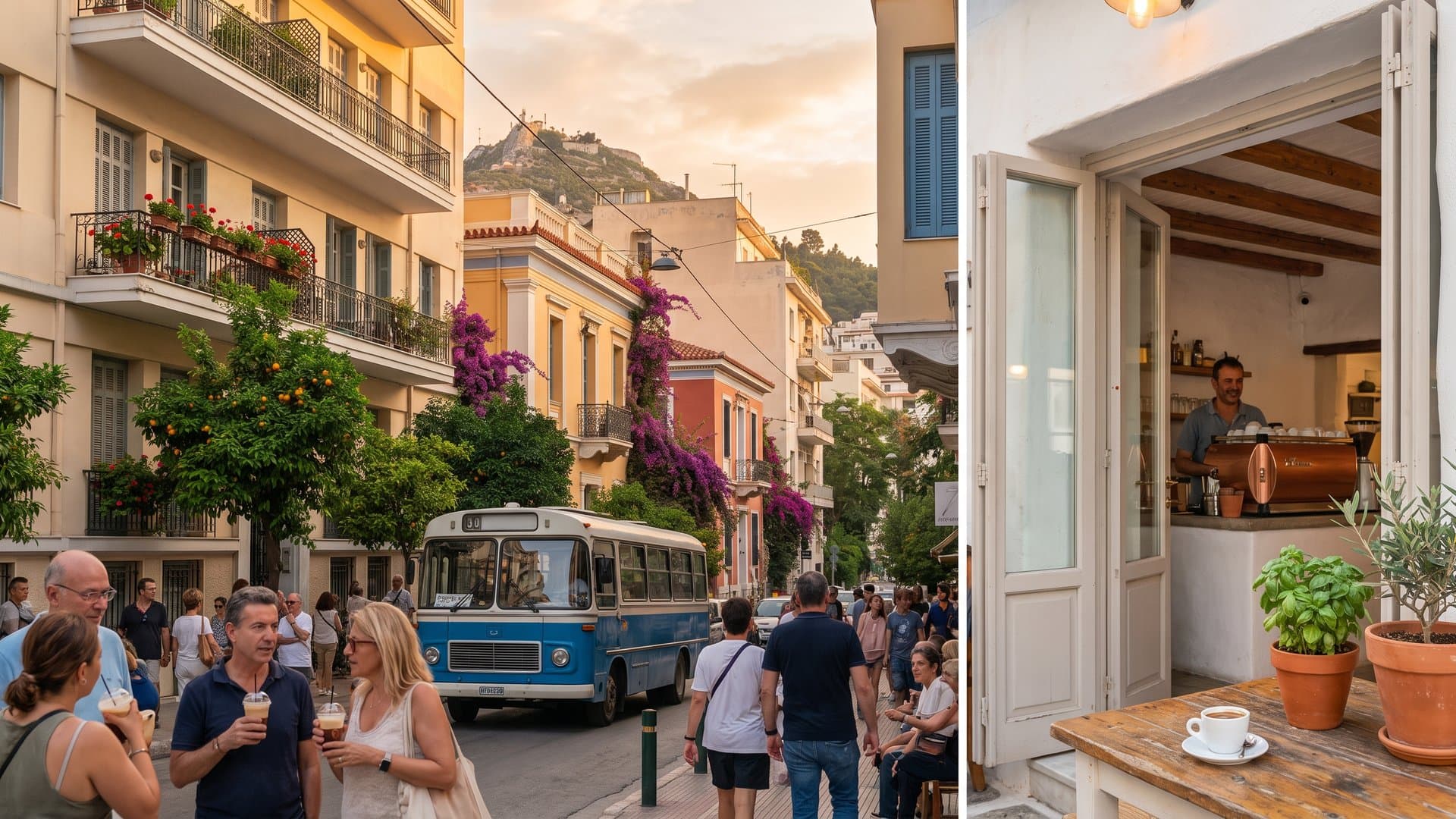 Ελληνικός δρόμος στο χρυσό φως του δειλινού με νεοκλασικά σπίτια