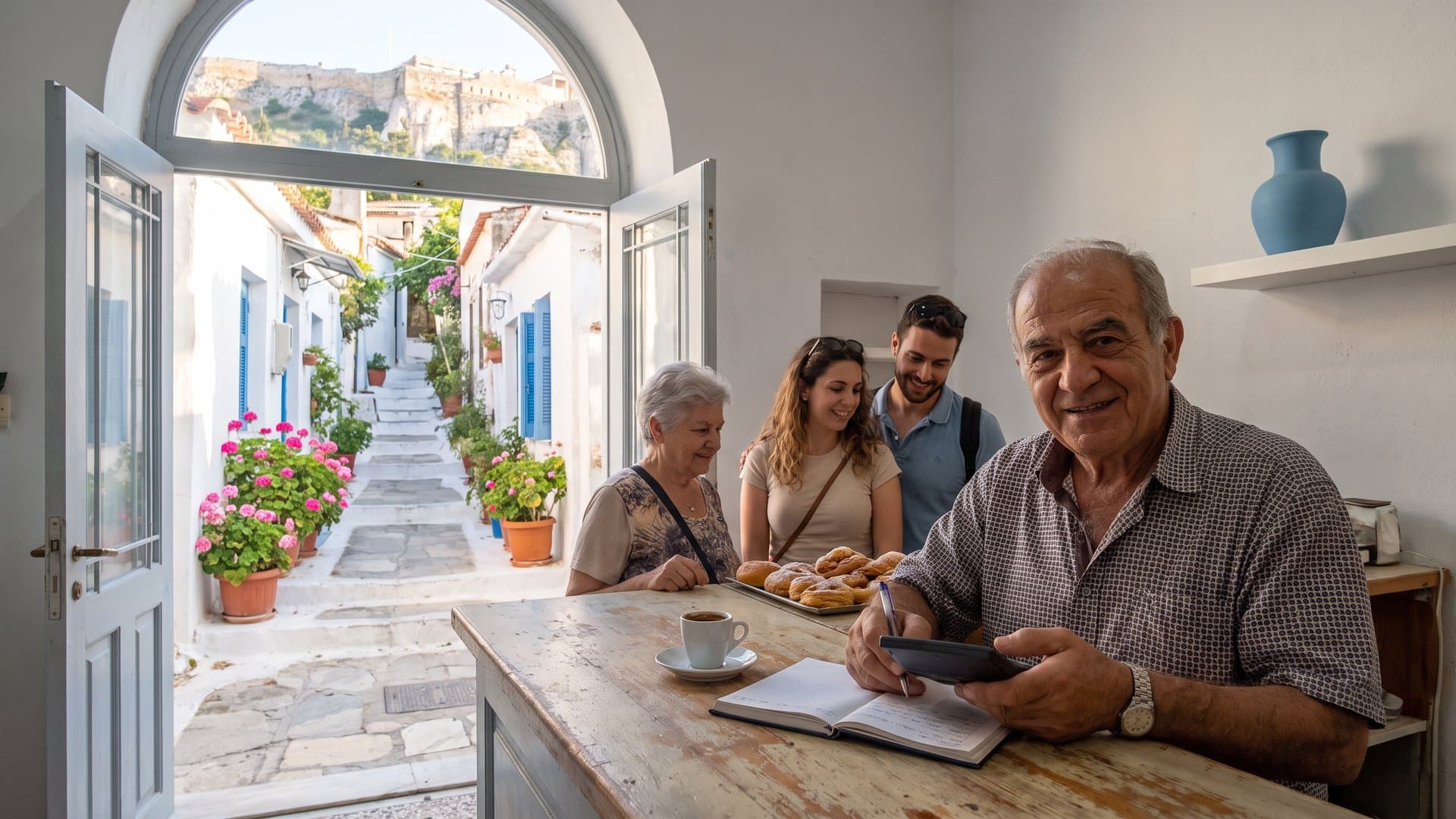 Η ιδιοκτήτρια ενός μικρού φούρνου κάνει λογαριασμούς στον πάγκο το απόγευμα